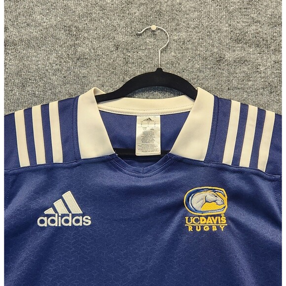 Adidas UC Davis Rugby Jersey Womens Large Stripped Shoulder Embroidered Logos - Picture 2 of 9